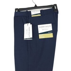 Perry Ellis Portfolio Men's Modern-Fit Stretch Dress Pants Navy Plaid 36x34 NWT